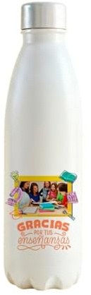 Botella térmica personalizada con foto para Profesores, con texto Gracias por tus enseñanzas, de acero Inoxidable color blanco, tapa de rosca.