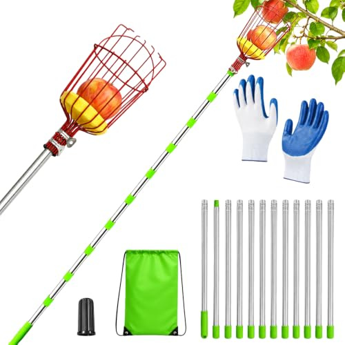 WDKXCN 4m Cueille Fruit Telescopique, Ramasse Pomme avec Gants et Sac De Rangement, Ramasse Fruit Telescopique INOX, Cueille Cerise pour Jardin Cour Pelouse et Terrasse