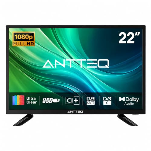 Antteq TV de 22 pulgadas FHD, Full HD 1080P Televisión Freeview DVB-T2-C-S2 Dolby Digital Audio, pantalla de retroiluminación LED, HDMI VGA PC Audio SCART USB Record Media Player, pantalla pequeña