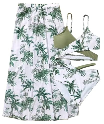 Generisch Maillot de bain deux pièces imprimé floral pour fille avec pantalon, combinaison d'été trois pièces pour étudiantes, matériau de protection à séchage rapide, idéal à la piscine ou à la plage