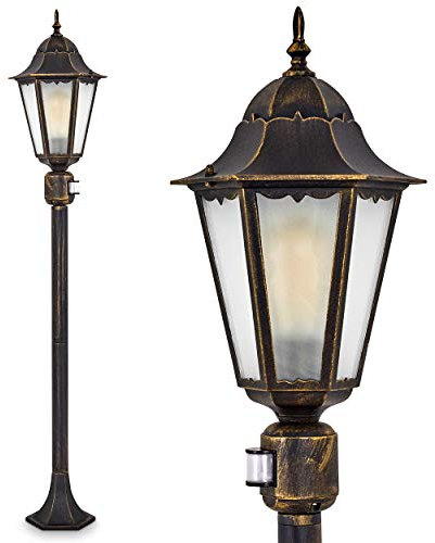 Lampada da esterno Hongkong Frost, rilevatore di movimento, lampada da terra/da giardino, antico/retrò, fusione di alluminio in nero/oro, vetri, lampada da sentiero 122cm, E27, IP44, senza lampadina/e