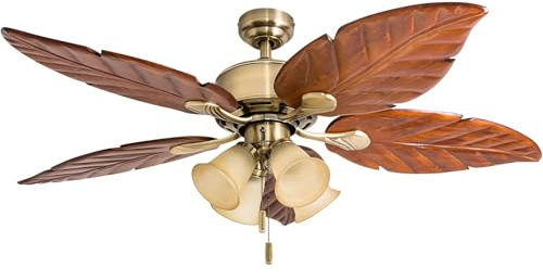 Honeywell Ceiling Fans Royal Palm, 52 Inch Tropical LED Ceiling Fan with Light, Pull Chain, Three Mounting Options, Hand Carved Solid Wood Blades - Model 50504-01 (Aged Brass)