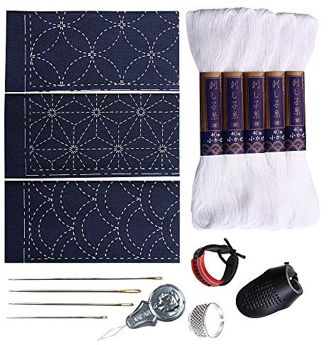 Kit per Sashiko, filo, ago e modello Yume Fukin Yokota Sashiko, con manuale originale in inglese, set da cucito con ditale, tessuto giapponese (filo bianco/panno blu navy)