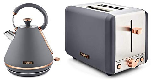 Tower Cavaletto 1.7L 3000W Pyramid Kettle and 2 Slice Toaster Grey & Rose Gold