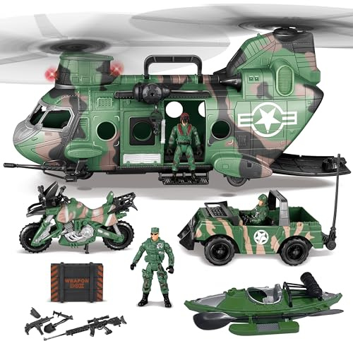 JOYIN 10-i-1 Jumbo-militärtransporthelikopterleksaksset, inklusive helikopter med realistiskt ljus och ljud, militärlastbil, kajakbåt, motorcykel, armé-herr-actionfigurer
