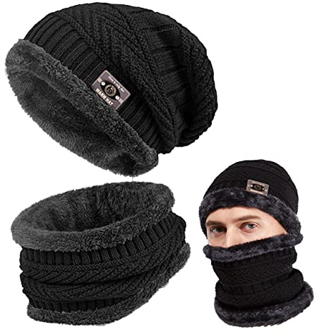 Cappello Uomo Invernale Berretto Uomo in Maglia con Sciarpa 2 Pezzi Cappello da Sci all'aperto e set (Nero)