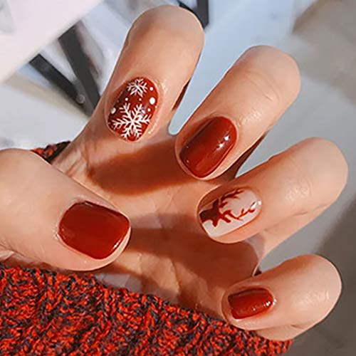 Brishow Weihnachten Nägel zum Aufkleben Schnee Press on Nails mit Elch Rot Künstliche Nägel Falsche Nägel Kurze Fake Nails 24 Stück für Frauen und Mädchen (a)