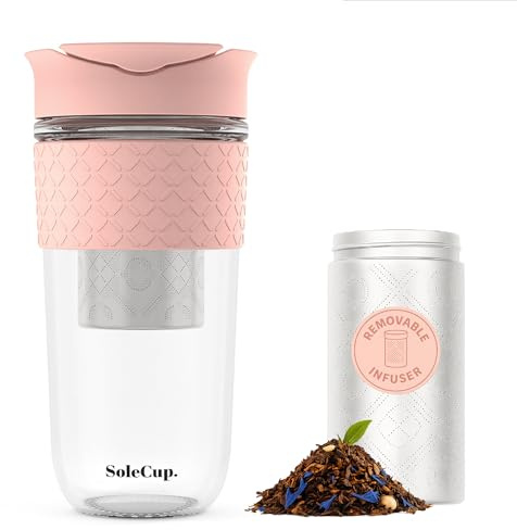 SoleCup. Travel Mug Loose Tea Infuser - Detachable Tea Strainer with Spill Proof Lid - 18oz/530ml BPA-Free Reusable Glass Travel Coffee Cup with Silicone Band (Pink, 530ml / 18oz)