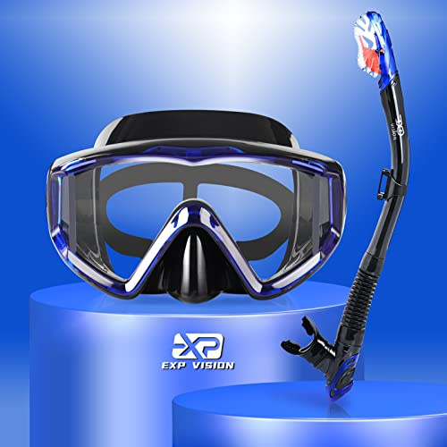 Set Snorkel a secco, maschera Snorkel Pano a 3 finestre, occhiali subacquei antiappannamento e boccaglio, maschera da nuoto Snorkeling professionale per adulti (Blu)