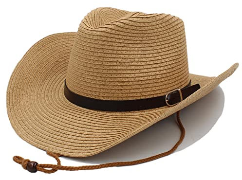 QBQZXAOSOWH Fedora Trilby Mode Herren Stroh Western Cowboyhut Mit Winddichtem Seil Für Gentleman Dad Beach Sun Sombrero Hut Größe 58Cm Lightcoffee