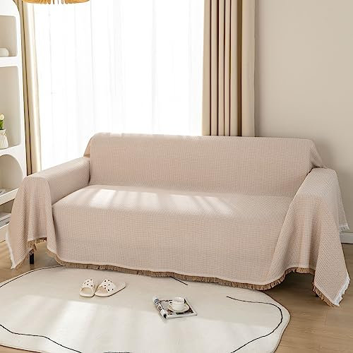 LHGOGO Reversible Sofa Cover and Throw for 2 Seaters | Waffle Knit Slipcovers with Tassels | Versatile Protector for Sofas, Loveseats and Armchairs | 180x230cm, Khaki