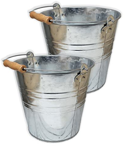 Large Metal Bucket 1.875 Gallon (2 Pack) Pail Tins Silver Planter w/Wood Handle Retro Look for or décor, Gifts Basket, Ice Bucket, Top 9.5 Height 8.5, Bottom 6.5 Inch