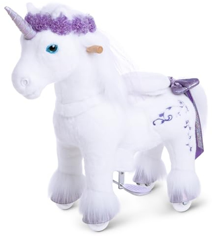 PonyCycle Einhorn Reitspielzeug, für Kinder 3–4 Jahre, 76cm Hoch, Einhorn auf Rollen mit Handbremse, Einhorn zum Reiten, Lila Plüsch Schaukelpferd, Premium-Modell X - X31