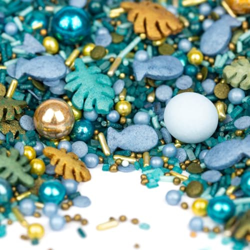 Super Streusel PlitschiPlatschi - Fische Streusel Kommunion, Taufe (90g) | Unterwasser Streuseldeko mit blauen & goldenen Schokokugeln, Tortendeko für Firmung, Kommunion, Taufe