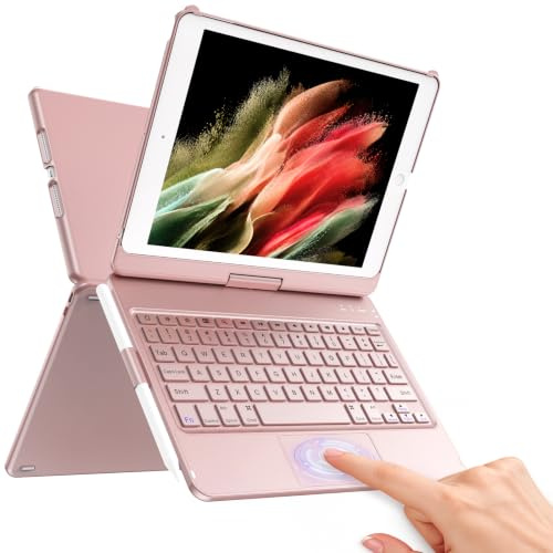 TQQ Funda de teclado para iPad de 9ª generación con trackpad de precisión multitáctil, retroiluminación de 10 colores, rotación de 360°, delgada y ligera, compatible con iPad de 9ª generación (2021),