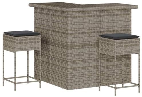 vidaXL Gartenbar Set 3-TLG., Gartenmöbel mit Kissen, Bartisch Stehtisch Barhocker Barstuhl, Theke Bar Tresen Gartentheke Sitzgruppe, Grau Poly Rattan