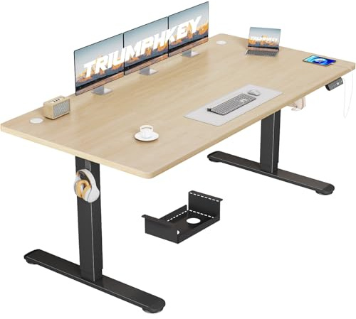 TRIUMPHKEY Bureau Assis Debout Électrique 160×70 cm, Ergonomie, Beige