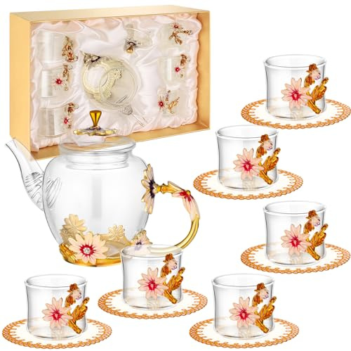 PYQTH 7 Pcs Floral Tea Set for Women, Vintage Flower Teapot Set With Gift Box, Glass Tea Kettle, Fancy Cup, Mug With Coasters for Kitchen Family Gathering Home