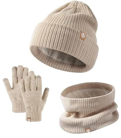 fdsmall Ensemble bonnet, écharpe et gants pour enfants, ensemble bonnet, écharpe et gants chauds en tricot, bonnet thermique doublé de laine polaire pour hommes (Khaki)