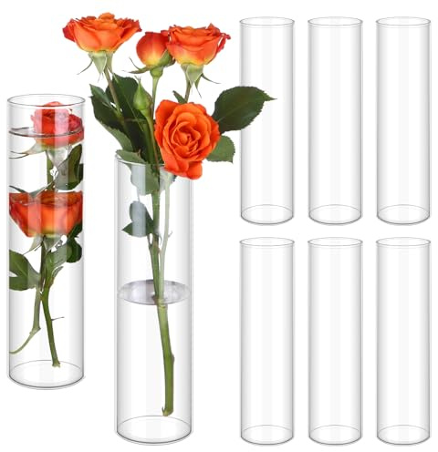6 Pcs Glass Cylinder Vases 18cm,7.1Inch Clear Glass Vase for Flowers Tall Hurricane Candle Holder Clear Bud Vases Round Flower Vase for Wedding Living Room Table Centrepiece Decoration