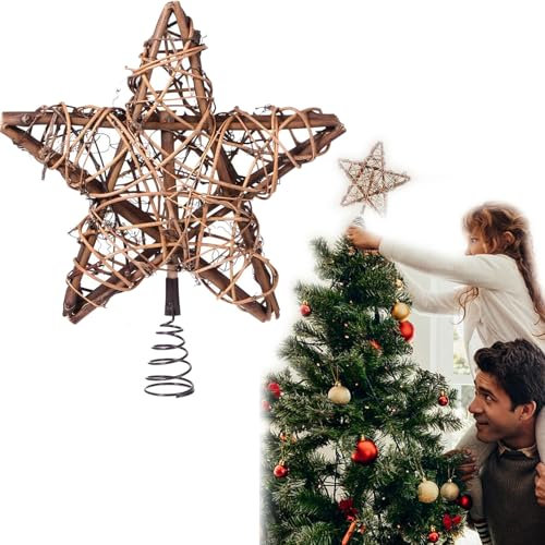 25 x 30cm Puntale Per Albero Di Natale, Punte Albero di Natala a Forma di Stella Classica a Cinque Punte in Legno, Puntale dell'Albero di Natale Decorato dal Rattan Vintage