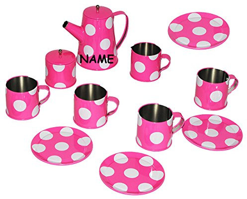 alles-meine.de GmbH Teeset/Puppengeschirr - Geschirr aus Metall & Blech - incl. Name - Teeservice & Kaffeeservice mit Kanne - rosa weiße Punkte - gepunktet - für Mädchen/Koch..
