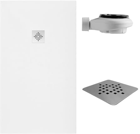 SoulHome Piatto Doccia in Resina 130x100 Bianco Griglia Standard | Antiscivolo C3, Extrapiatto, Resina e carica minerale, Textura piedra liso, Antibatterico, Gel-coat, + valvola di scarico