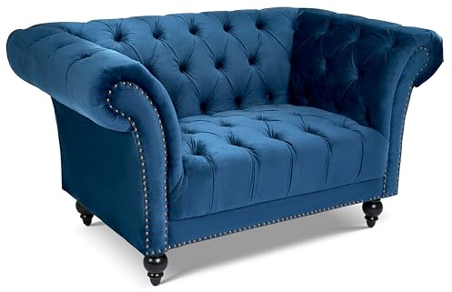 Bravich Cambridge Chesterfield Velvet Armchair, Blue Single Sofa Accent Chair for Living Room and Bedroom, Button Back with Rolled Arms, Solid Wood Frame - 145 x 56 x 82cm