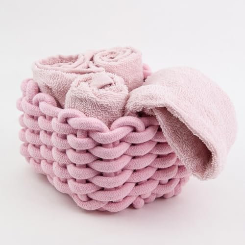 Generico Susanna Home Set 4 Lavette 30x30 in Spugna di Cotone – Asciugamani Ospiti per Bagno, Skincare, Neonato – Confezionate in Cestino in Corda Intrecciata – Rosa