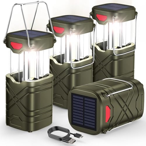 LETMY 4 Pack Camping Lantern, Rechargeable LED Lanterns, Solar Lantern Battery Powered Hurricane Lanterns Flashlights with 3 Powered Ways & USB Cable for Emergency, Power Outage - Olive Green