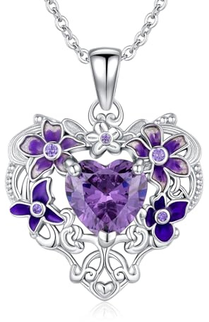 CRWENG Birthday Flower Necklace 925 Sterling Silver Heart-Shaped Pendant Heart-Shaped Cubic Zirconia Jewelry Gift for Women Mother's Day Gift (Violet)