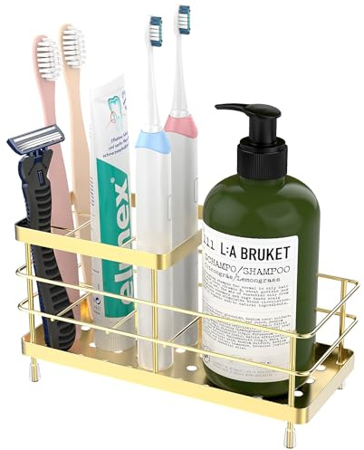 Luxspire Zahnbürstenhalter für Badezimmer, Edelstahl, 6 Fächer, Gold | Zahnbürstenhalter mit Abfluss, für den Waschtisch im Badezimmer und das Spülbecken in der Küche, Badezimmerzubehör