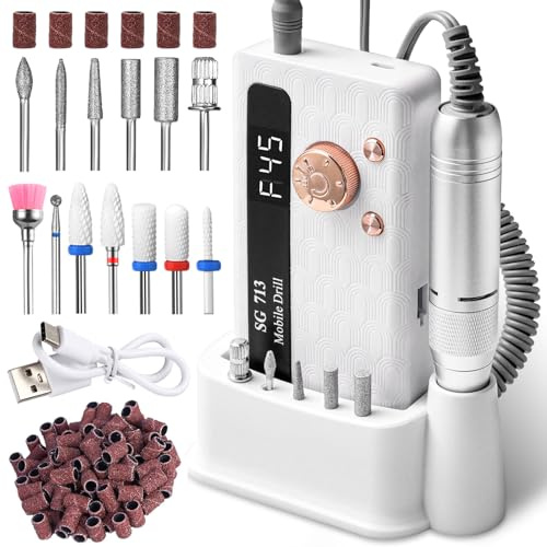 Ponceuse pour Ongles Professionnelle 45000 RPM Portable Rechargeable avec 13 Embouts et 56 Bandes de Ponçage, LCD écran, Ultra Silencieuse, Silencieuse pour Salon/Maison (Blanc)