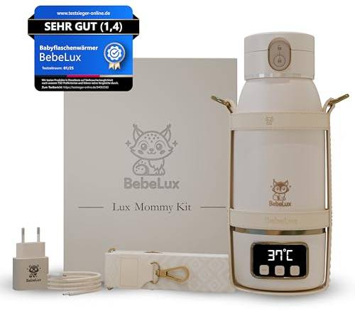 BEBELUX BebeWarm V2 Babyflaschenwärmer Set Lux Mommy Kit | perfekte Temperatur in zwei Minuten, bis 500 ml, Akku, USB-C, Zubehörset, Beige