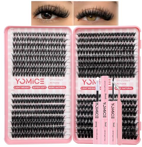 Yomice Individual Eyelashes Cluster Lashes Kit with Eyelash Glue & Tweezers | 624PCS,50+60+80+100 Natural Individual Eyelashes Kit 8-16mm, Reusable,D Curl fluffy cluster lashes,DIY At Home