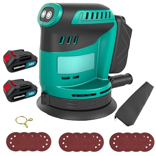 18V Akku Exzenterschleifer mit 2x 3.0AH Akku, Ersatz für Makita 18V Akku,12 pcs Schleifpapier (Körnung 120/180/240,125mm), 3 Gänge 7500-15000RPM, für Schleifen und Polieren von Holz