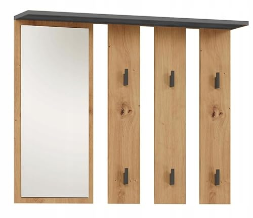 BDW - Wandgarderobe - Garderobe Wand - Wandpaneel mit Spiegel und Ablage - Flurgarderobe Hängend Modern mit Haken - Wandhaken, Kleiderhaken - Anthrazit Eiche Artisan Parma - 15x100x81,5cm