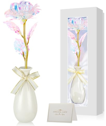 Ruibinlee Rose Eternelle,Cadeau Fete des Meres,Cadeaux Maitresse D'école Cadeaux pour Maitresse Maman, Belle-Mère, Mamie et Petite Amie Rose Galaxie en Feuille d'or avec Vase Idée Cadeau