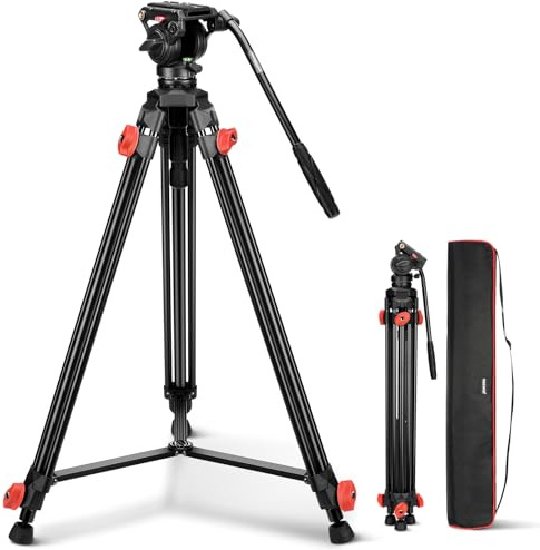 NEEWER Trépied pour Caméra Vidéo à Tête Fluide,Support de Robuste,Aluminium,Compact et Portable pour Caméscope DSLR,Compatible avec DJI Cardans,Compatible avec Manfrotto Plaques QR,Charge 6kg,TP73