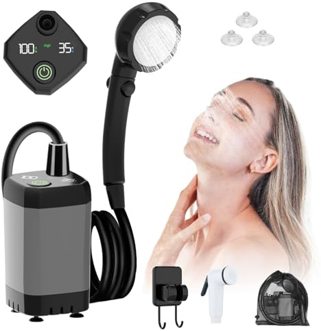 Tragbare Campingdusche, Camping Dusche Pumpe mit Wiederaufladbarem 6000mAh Akku und Temperaturanzeige,Multifunktionale Duschkopf und 2M Schlauch, für Camping Reisen Wandern Garten