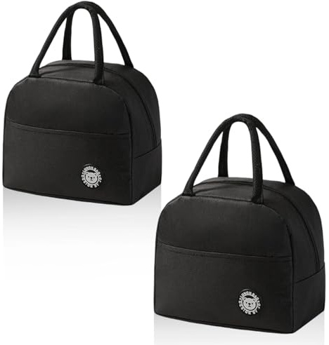 AMONENZ 2 Pezzi Nero Borsetta Termica Piccola, Borse Pranzo Ufficio, Borse Termica Pranzo con Tasche Laterali, per Ufficio, Scuola, Casa