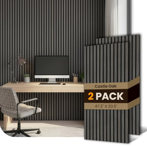 HOLNURY 2 Pack Wood Slat Acoustic Panels - 47.25 x 20.5 - 3D Fluted Sound Absorbing Wall Panels with Wood Finish - Noise Reduction & Modern Design Castle Oak
