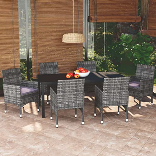 Qnhdfrt Garten Essgruppe Set 6 Stühle mit Kissen PE Rattan Grau WPC Tisch Aluminium Gestell Outdoor Sitzgruppe für Terrasse Balkon Garten