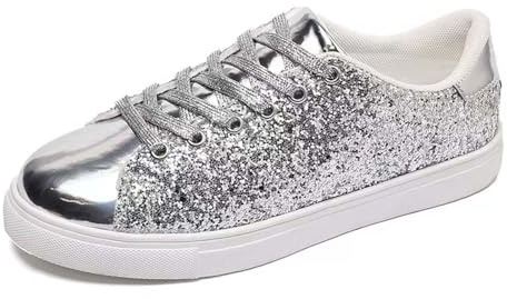 MODSGUE Scarpe da ginnastica da donna lucide, per feste, Capodanno, tinta unita, comode, eleganti, per carnevale, scarpe da corsa con paillettes, scarpe da sposa piatte da donna, argento, 37 EU