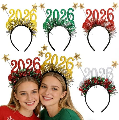 GTJEOI 4 Stück Silvester Deko 2026, Silvester Haarreif, Happy New Year Haarreif, 2026 Neujahrs Stirnband, 2026 Glitzer Zahlen Stirnbänder für Weihnachten Neujahr Party Fotorequisiten