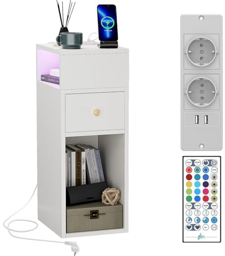 Saitedudu Schlanker Nachttisch 30x25x66cm mit LED-Beleuchtung und Ladestation mit 2 USB-Anschlüssen, Beistelltisch mit Schubladen