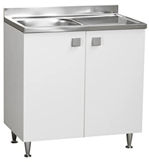 Relax e Design Mueble de Cocina bajo Lavabo con Fregadero bañera Izquierda o Derecha, de Acero con escurridor, 2 Puertas en Blanco Fresno, 80 x 50 x 88 cm