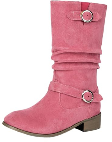 Onewus Stövlar med spänne och veckad look | 25 cm skafthöjd | slip-design | 3,5 cm platt klack | halkfri gummisula | mjukt mocka, ROSA, 45 EU