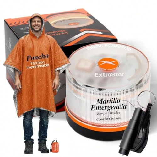 Luz Emergencia V16 Homologada y Geolocalizada con la DGT, la Baliza v16 incluye Martillo Rompecristales para caso de emergencia y Poncho Térmico Impermeable