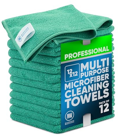 MW PRO Microfiber Cleaning Cloths (12 Pack, 12x12, Green) - Commercial Grade Housekeeping Towels & Janitorial Rags - Lint Free & Streak Free for Windows, Glass & Auto Detailing - Washable 300+ Times
